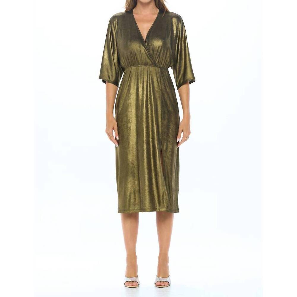 NEW RENEEC. kimono v neck dress with slit in black/gold